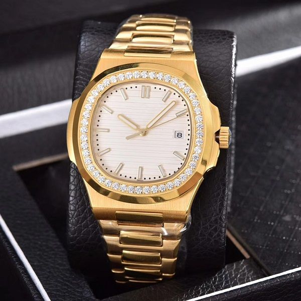 

designer men's diamond gold watch automatic mechanical stainless steel strap nautilus man mens watch watches wristwatches, Slivery;brown