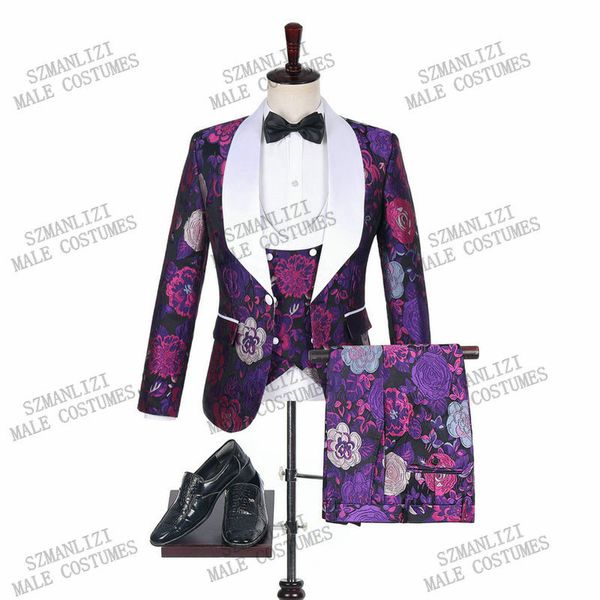 2020 (Giacca + Gilet + Pantaloni) Viola Floreale Bianco Risvolto 3 Pezzi Vestito da Promenade da Uomo Slim Fit Modello Rosa Abito da Sposo da Sposa Smoking