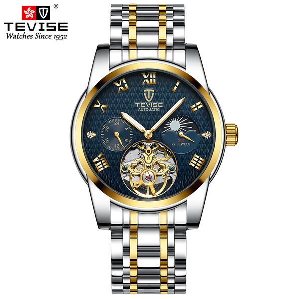 

tevise luxury brand men automatic watch men stainless steel tourbillon mechanical wristwatch moon phase waterproof clock, Slivery;brown