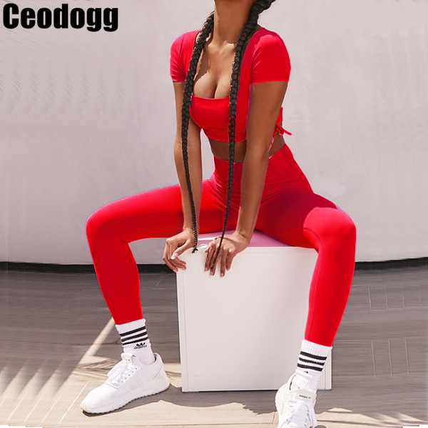 

2 pcs набор кружева йога set женщины тренировки gym одежда фитнес с коротким рукавом crop top shirt высокой талией леггинсы брюки фитнес кос, White;red