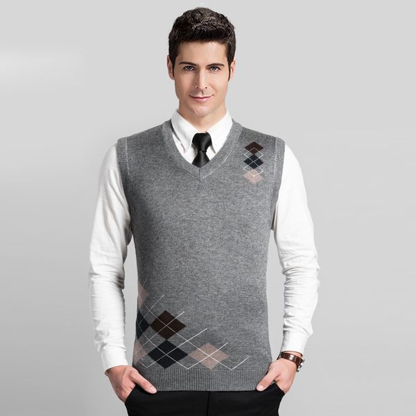 

new style autumn men's argyle v-neck sleeveless cashmere sweater, White;black