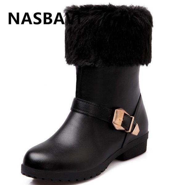

2019 new korean version pu snow boots warm short plush winter ankle boot buckle low-heeled ladies shoes female comfort boots, Black