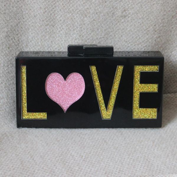 

design love women clutch purses mini square box handbags female acrylic chain shoulder letter black evening bags pink