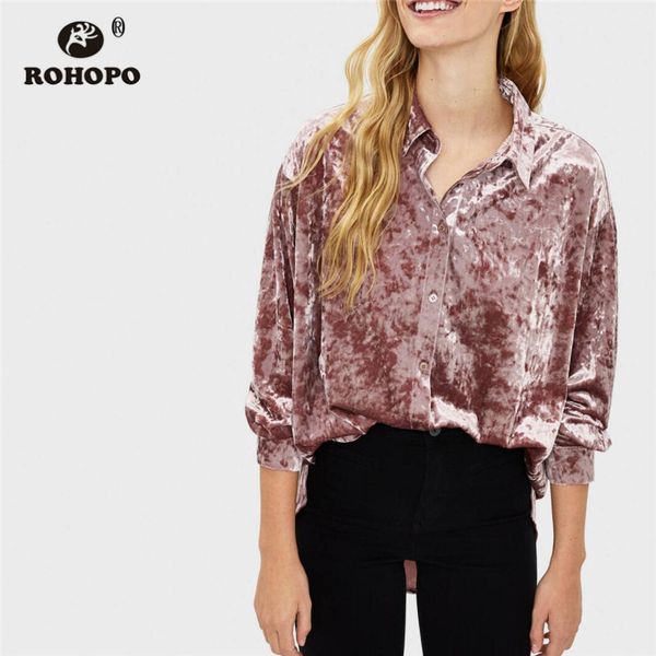 

rohopo velvet long sleeve pink blouse high low round hem turn down collar ladies autumn solid soft shirt blusa #1502, White