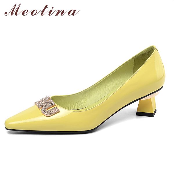 

meotina high heels women pumps natural genuine leather crystal strange style heel shoes cow leather pointed toe shoes lady 34-39, Black