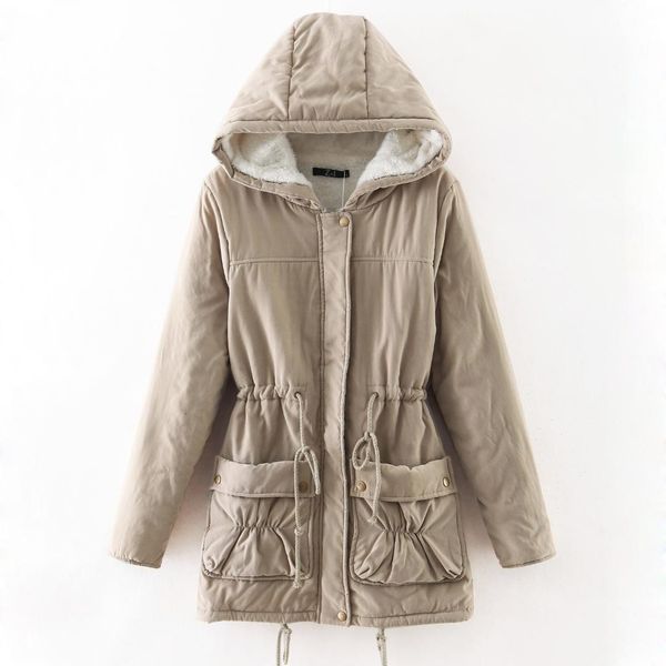 

winter lamb hair parka coat women fashion hooded slim long coat ladies simple casual adjustable waist plus size jacket 2xl, Black