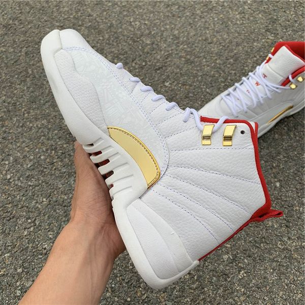 

new 12 xii fiba mens basketball shoes brand designer sneakers white 12s university red-metallic gold 130690-107 us7.5-13, White;red
