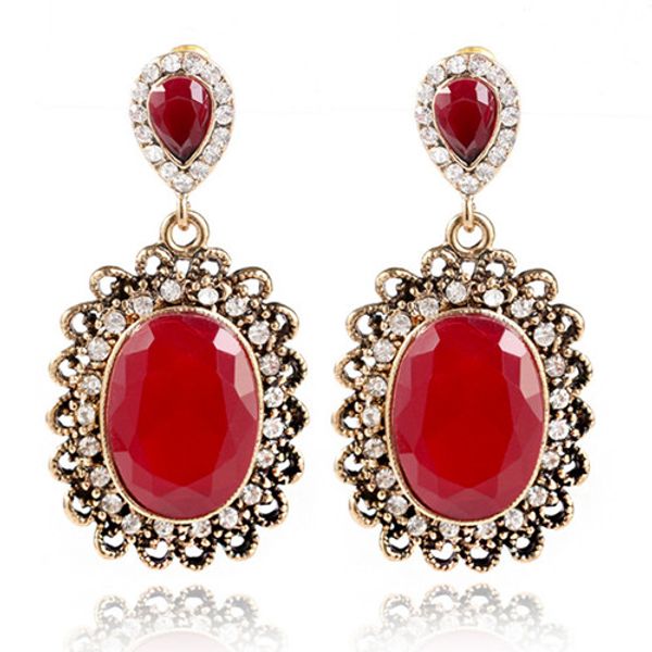 

wholesale 10 pairs popular gold plated oval shape red resin stud earrings with rhinestone fashion jewelry, Golden;silver