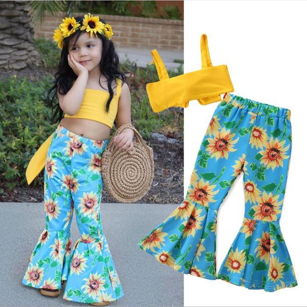 Bambini Baby Girl Clothes Sets Estate 1-5Y Fashion Girl senza maniche Halter Bow Crop Tops + Pantaloni a gamba larga floreali 2 pezzi Abiti da ragazza