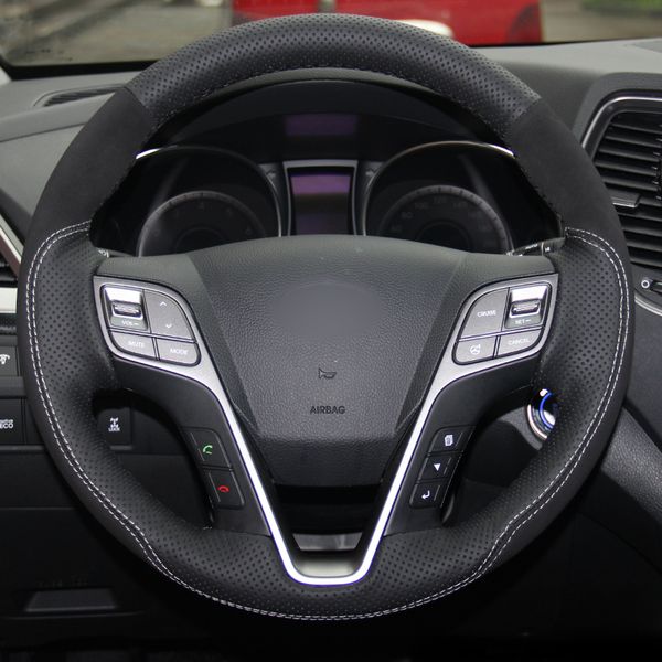 

black genuine leather black suede steering wheel cover for hyundai santa fe 2013-2015 hyundai ix45