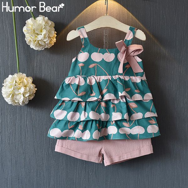 

humor bear baby girl clothes suit summer cute new fashion sling fruit t-shirt+pocket pants two-piece suit children's clothes set, White