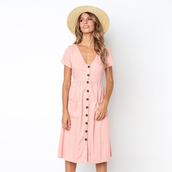 

women clothing womens designer dress summer women short sleeve v neck button down swing midi dress pockets ladies women designer clothes, Black;gray