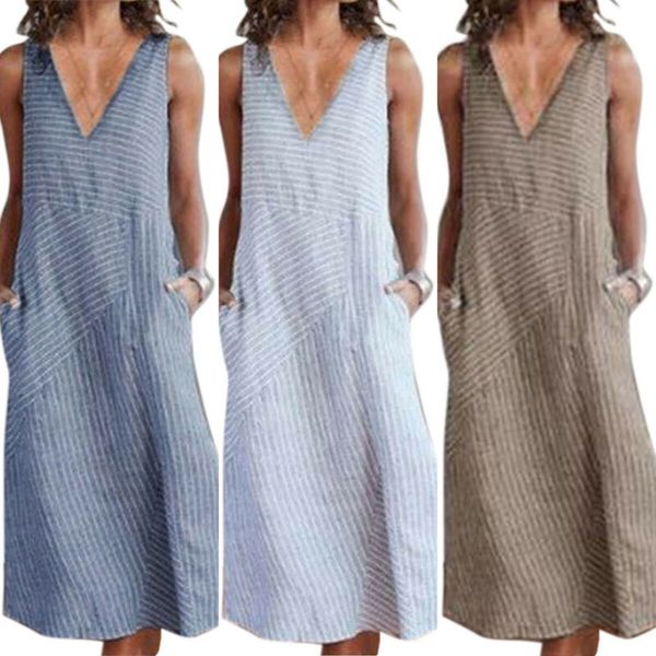 

Women's V Neck Striped Sleeveless Maxi Dress Summer Causal Party Kaftan Sundress