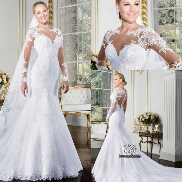 

Sheer O-neck Long Sleeve Mermaid Wedding Dress 2019 See Through Illusion Back White Beach Bridal Gowns with Lace Appliques