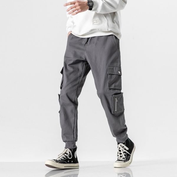 

men's pants 2021 spring summer long trousers elastic waist men casual cargo zipper pocket, Black