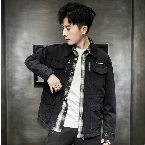 

men's cotton jacket 2019 spring european and american fashion multi-pocket tooling coat outdoor casual korean version wild top, Black;brown