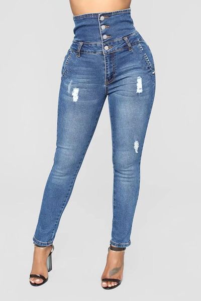 

голубые узкие женские джинсы пуговица пэчворк высокой талией карандаш денима джинсы pure color карманы ankle- длина feminino, Blue