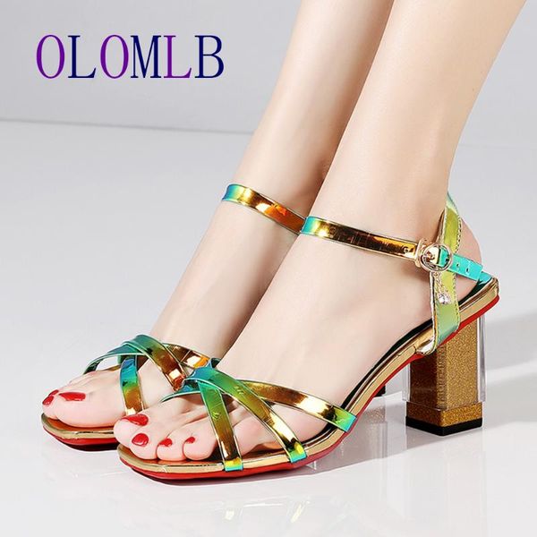 

2020 fashion patent leather women buckle strap sandals for summer high heels peep toe shoes ladies chunky heels shoes l099, Black