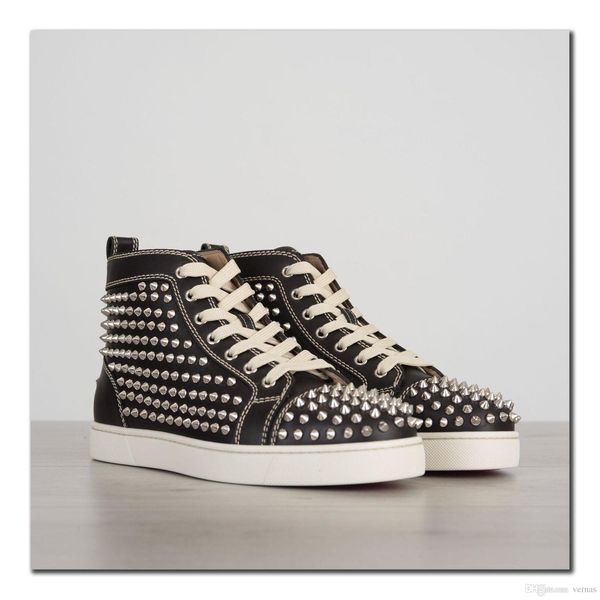 

high spikes sneakers shoes black genuine leather red bottom men,women studs red sole casual walking luxury party wedding eu35-47