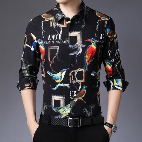 

print mens flower spring autumn fashion long sleeve floral dress shirts men bird painted slim casual shirt s-3xl, White;black