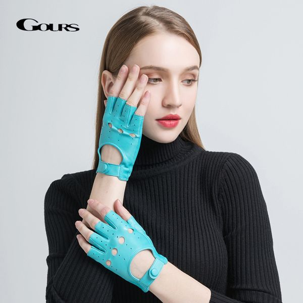 

gours spring women' genuine leather gloves driving unlined goatskin half finger gloves fingerless gym fitness gloves gsl061 y191024, Blue;gray
