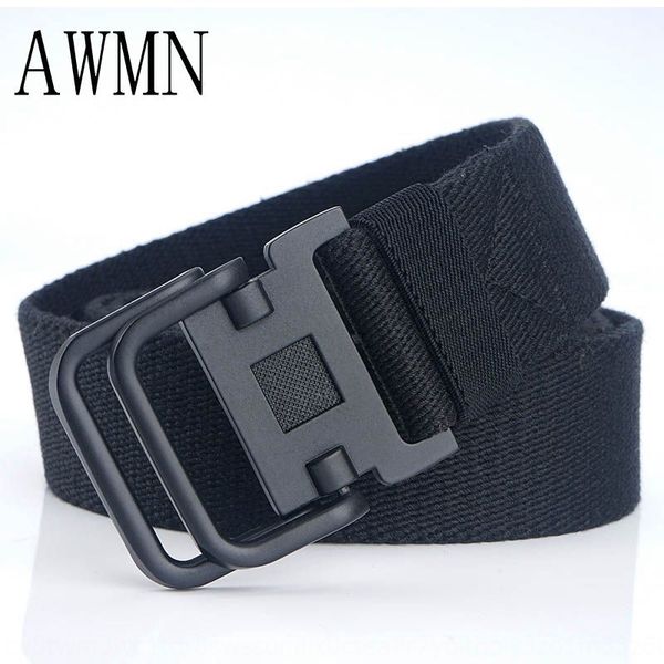 

2019 casual black double ring metal buckle belt cotton canvas comfortable canvas belt, Black;brown