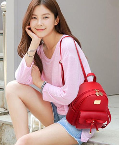 

fashion female bag 2020 new bowknot solid color backpack pu soft leather student fashion backpack purse