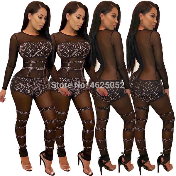 

2019 black sheer jumpsuit transparent mesh romper women long sleeve see through sequined nightclub party bodycon overalls, Black;white