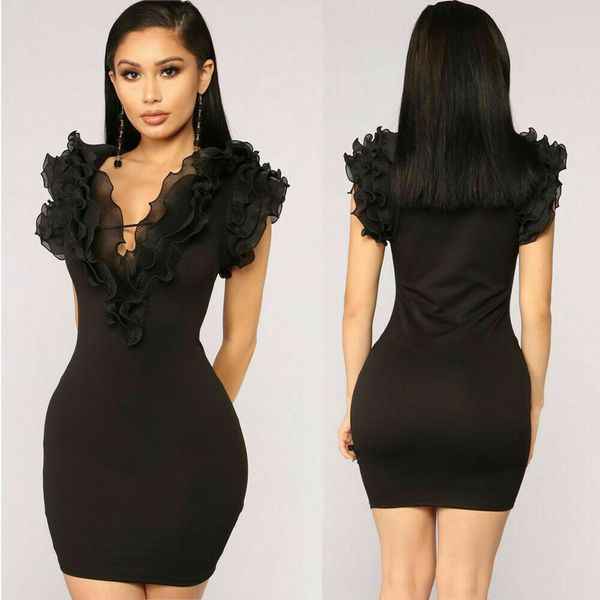 

women black flying sleeve bodycon evening party formal mini dress summer sleeveless ruffles dresses women clothes, Black;gray