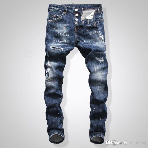 

19 skinny slim fit washed coating material mens ripped skinny jeans de marque pour hommes designer splash ink men jeans sz28-40, Blue