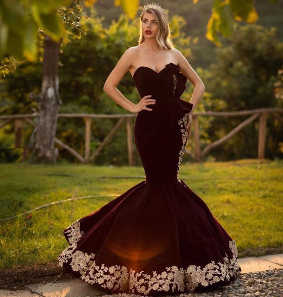 

burgundy mermaid beaded evening dresses sweetheart neck plus size lace appliqued prom gowns sweep train velvet formal dress, Black;red