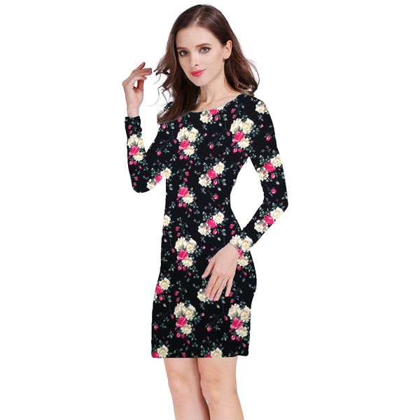 

Idealark Print long Sleeve Crew Neck Sheath Knee Length dress Autumn spring casual Dresses 2017 Elastic Dress WC0592