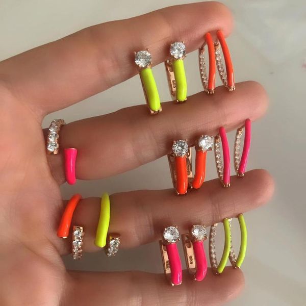 

2020 summer new neon colorful enamel hoop yellow white orange pink mini small huggie hoop fluorescent earring, Golden;silver