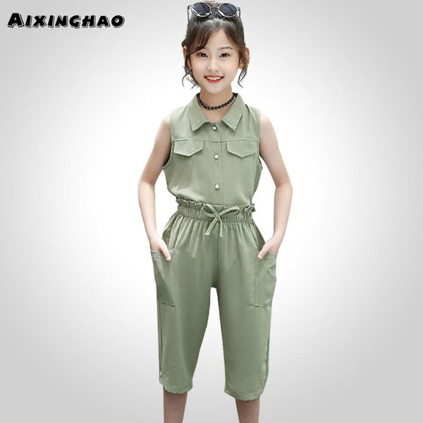 

kids clothes solid blouse + calf-length pants 2 pcs suit for girls sleeveless girls clothing set casual summer clothes for, White