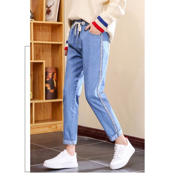 

woman's jeans casual stretch trousers high waist light blue plus size sweet loose jeans buttons washed denim nine harem pantsw