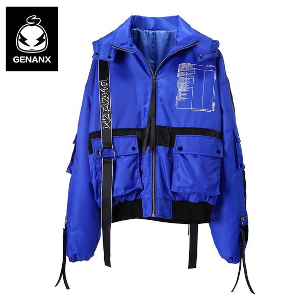 

genanx brand hooded ribbon metal decoration cotton men's fashion hip hop 2018 new loose bf wind winter couple parkas, Black
