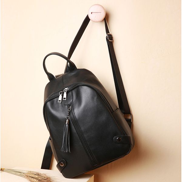 

2019 spring leisure women backpack black genuine leather bagpack young teenager girl student school bag tassel daily knapsack
