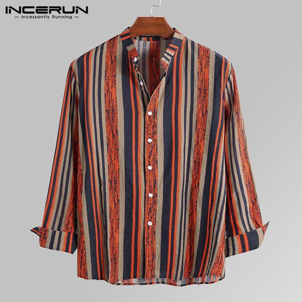 

incerun vintage multicolor striped men shirt long sleeve stand collar cotton chic breathable casual henley shirt men camisa 2019, White;black