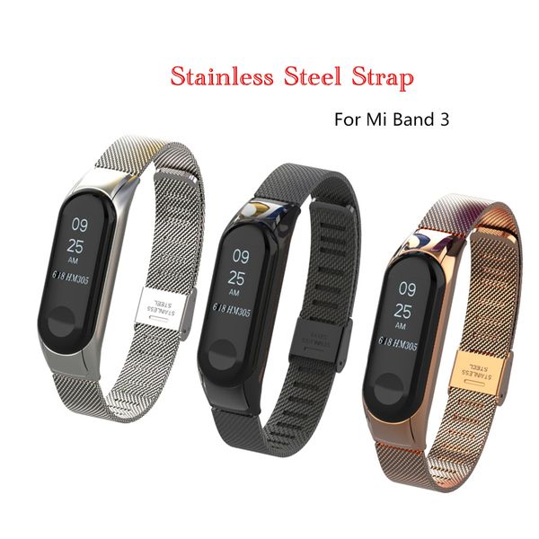 

mi band 3 strap bracelet for mi band 3 wrist strap metal band3 stainless steel wristband miband watchband, Black;brown