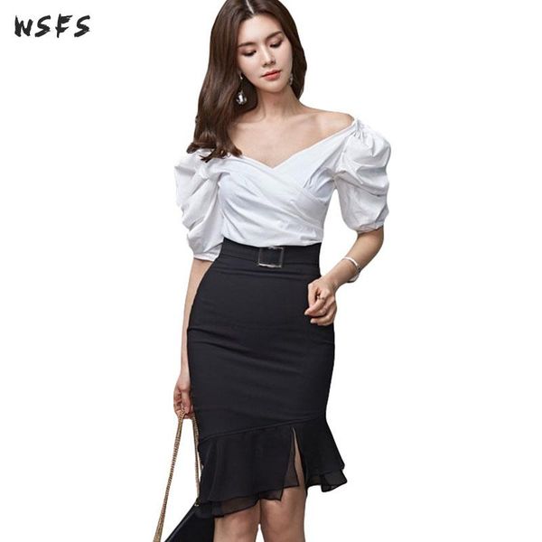 

2 pieces set summer women white shirts off shoulder blouses bodycon black asymmetrical mermaid party lady wrap skirts