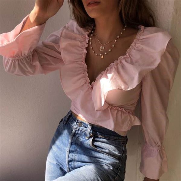 

fashion women ruffle v-neck crop long flare sleeve blouse fashion solid