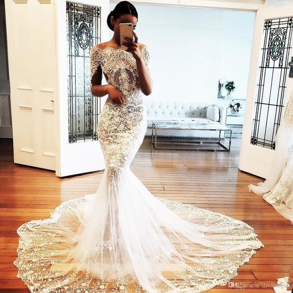 

2020 gorgeous off shoulder wedding dresses appliques long sleeves see through dress for brides lace illusion bridal marriage gowns customize, White