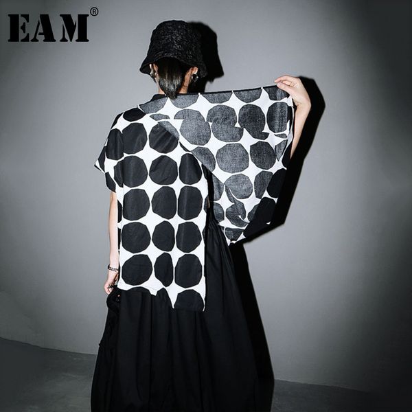 

eam] women dot printed hit color backless cut blouse new lapel long sleeve loose fit shirt fashion spring summer 2020 1u804, White