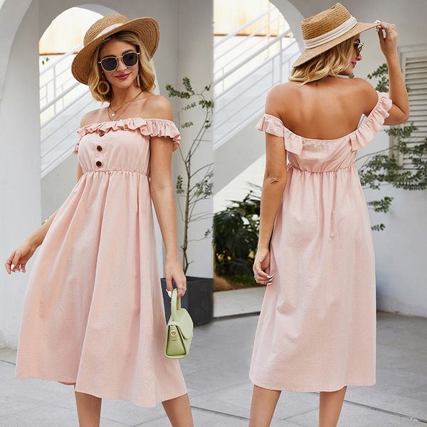 

women midi dress summer pink cold shoulder boho bohemian button ruffles backless beach holiday party robe vestidos, Black;gray