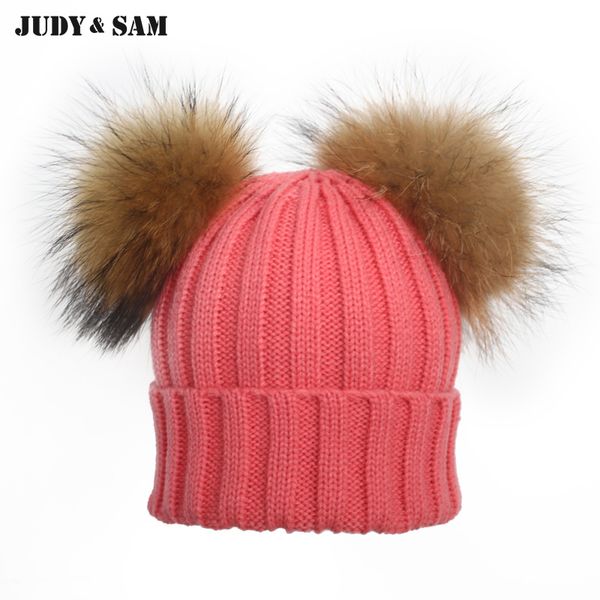 

double pompom women winter hat blend wool knitted gorros cap with natural color raccoon fur pompon