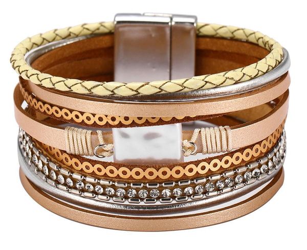 

my shape multilayer weave leather bracelet for women braided wide wrap magnet buckle wristband bangle jewelry gift for female, Black