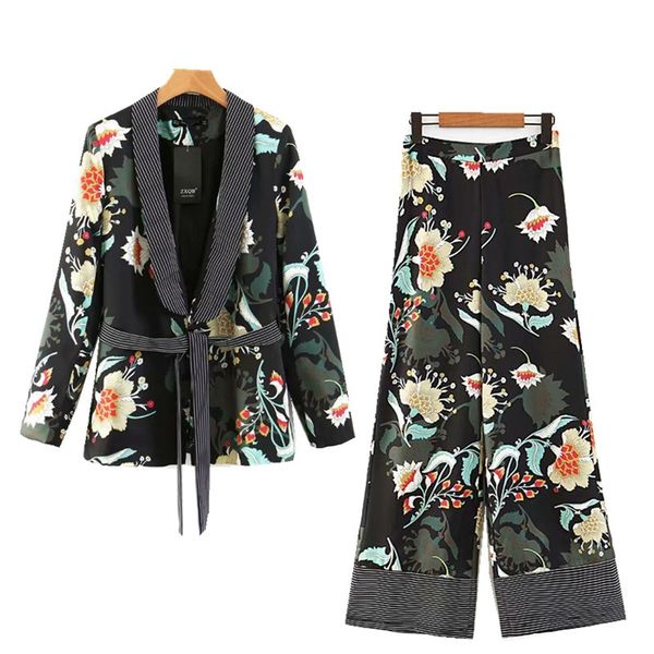 

elegant ladies two piece set women's suits vintage floral print blazer feminine kimono blazer jacket and wide leg pant suit, White