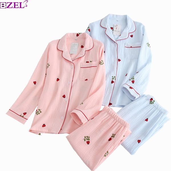 

2019 new ladies pajamas set cartoon printed crepe cotton gauze simplicity 2 piece set women soft comfort household wear, Blue;gray