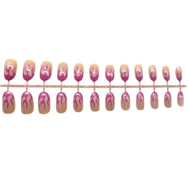 

24pcs accessories manicure diy finished pre-design full cover fake art tips flame fire pattern matte false nails artificial, Red;gold