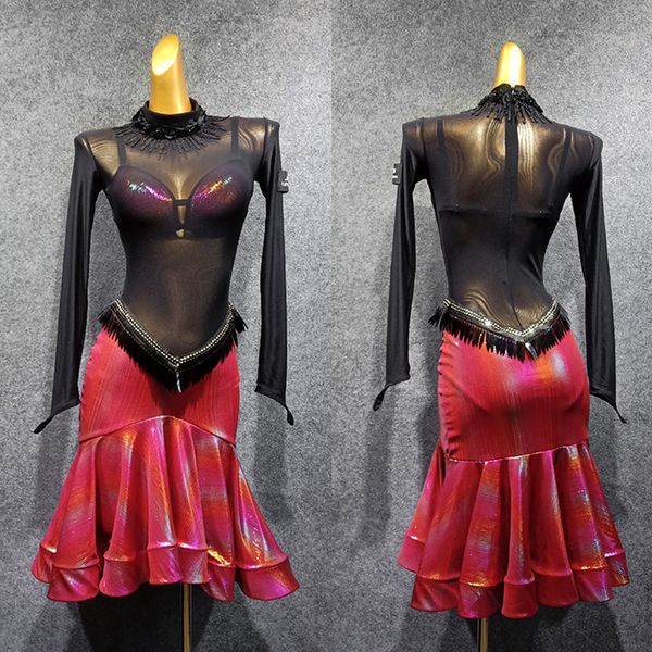 

latin dance dress perspective competition dresses salsa rumba cha cha samba tango dancing clothes performance wear dn4911, Black;red